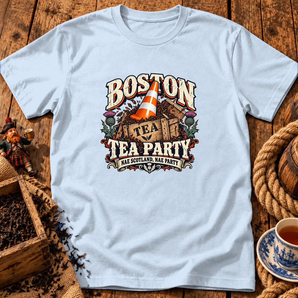Light blue t-shirt featuring a Boston Tea Party graphic with a traffic cone and Scottish thistles.