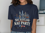 New York City skyline with Statue of Liberty, Brooklyn Bridge, and text "Nae Scotland Nae Party".
