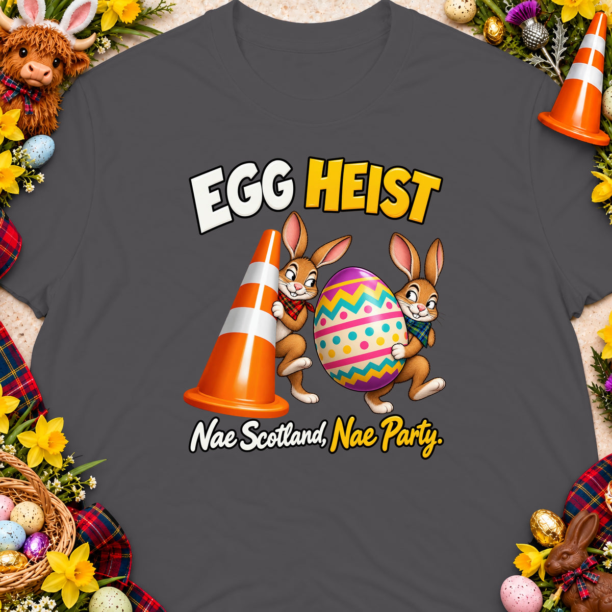 Two cartoon bunnies steal a colorful Easter egg next to an orange cone.
