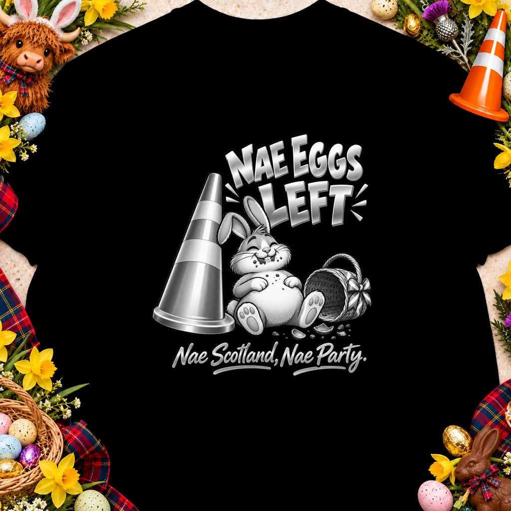Cartoon rabbit sits by an empty basket and traffic cone with text "Nae Eggs Left."