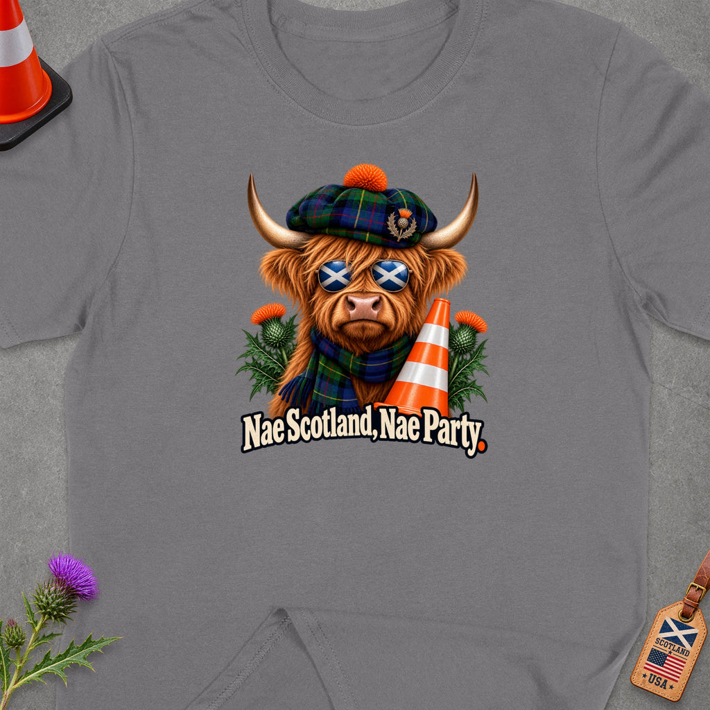 Highland cow wearing tartan with sunglasses and traffic cone, "Nae Scotland, Nae Party."