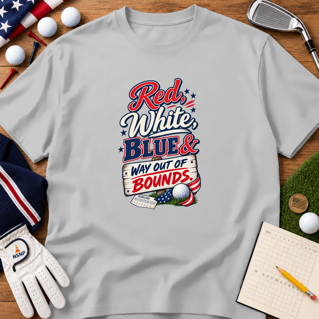 A grey t-shirt featuring a golf-themed patriotic graphic surrounded by golf balls, tees, a glove, and a scorecard on a wooden surface.