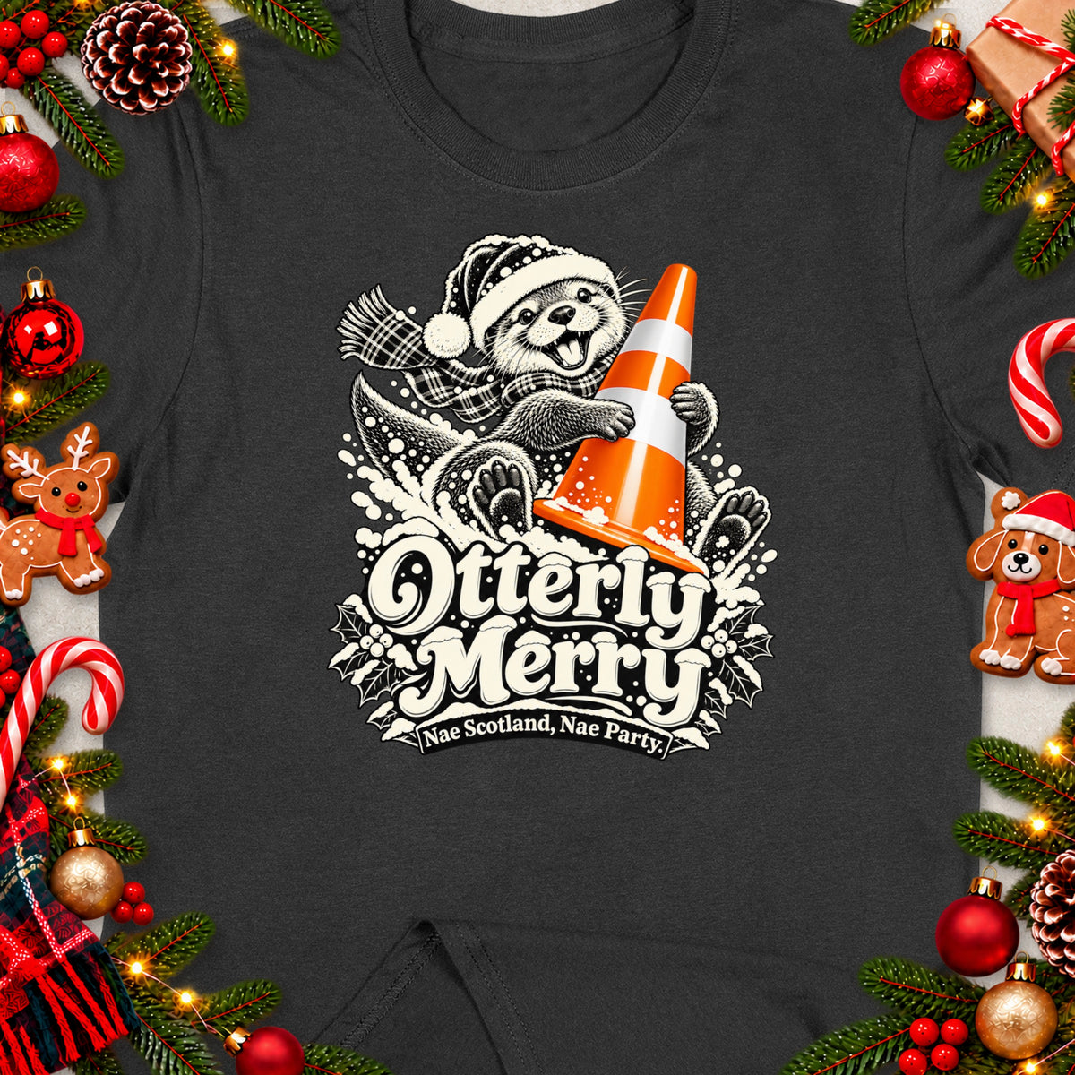 Otter wearing Santa hat holding traffic cone with text "Otterly Merry" and "Nae Scotland, Nae Party".