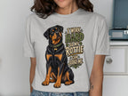 Light gray t-shirt with a Rottweiler and text "I work hard so my Rottie can judge me".