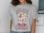 White poodle with pink bow on t-shirt reads "Fluff with Benefits".