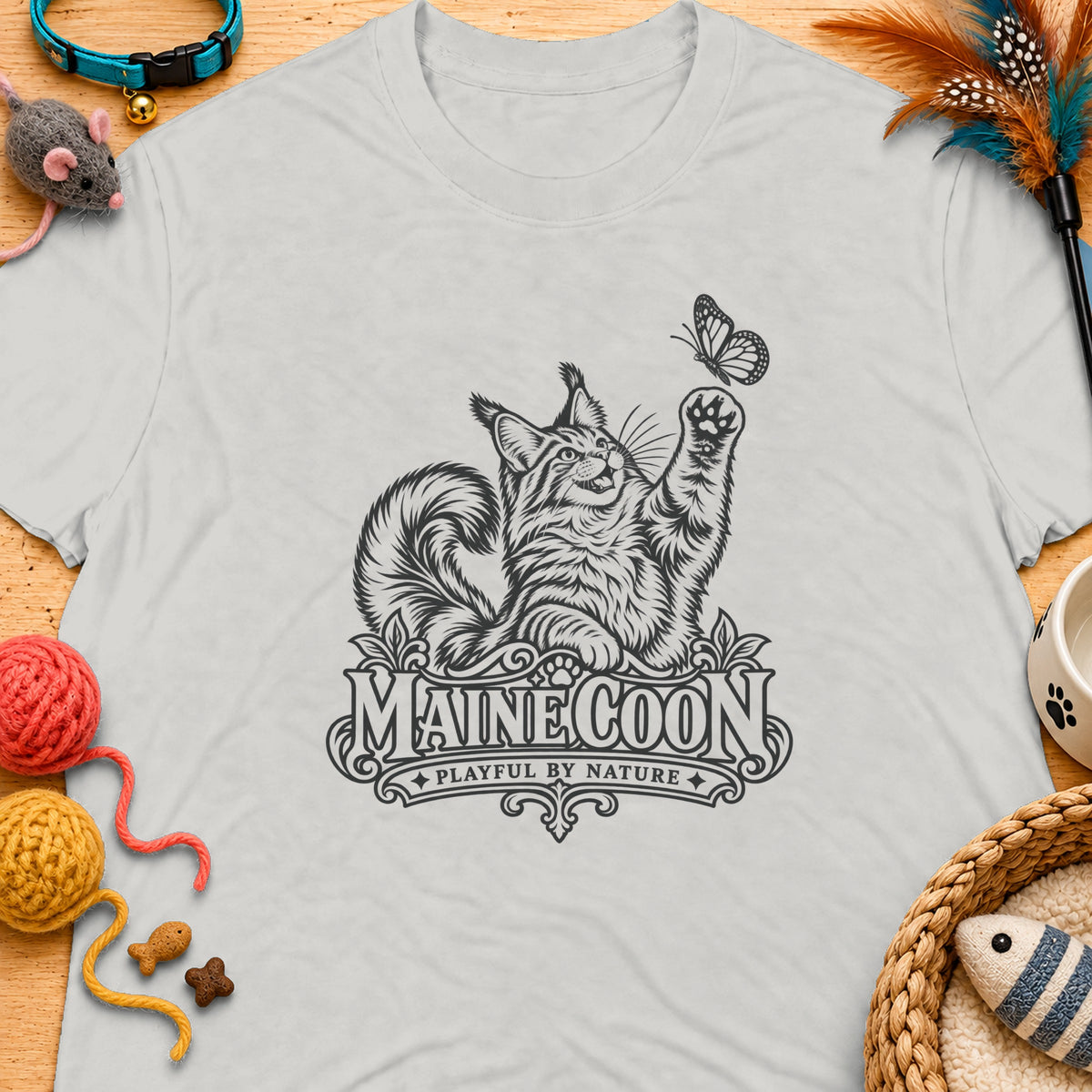 Maine Coon cat with butterfly graphic and text "MAINE COON PLAYFUL BY NATURE".