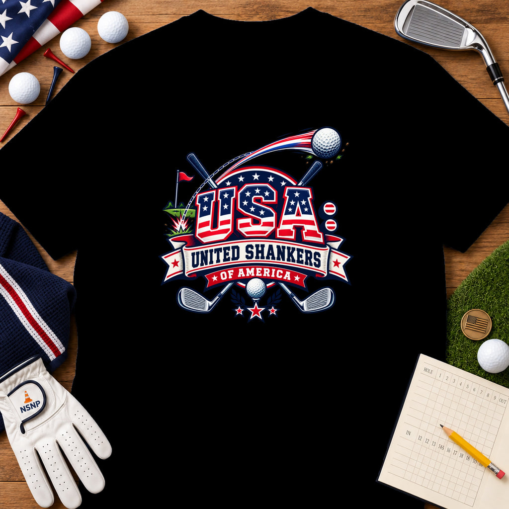 Black t-shirt featuring a red, white, and blue USA golf graphic surrounded by golf accessories.