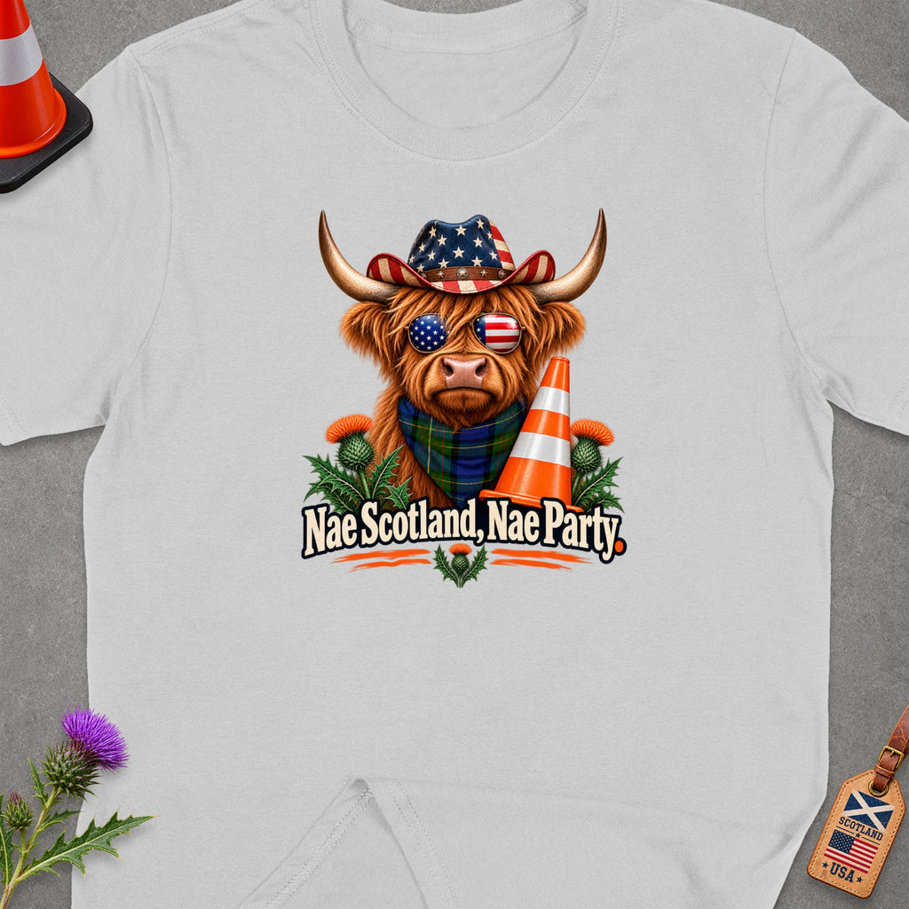 Highland cow wearing cowboy hat and sunglasses with text "Nae Scotland, Nae Party".