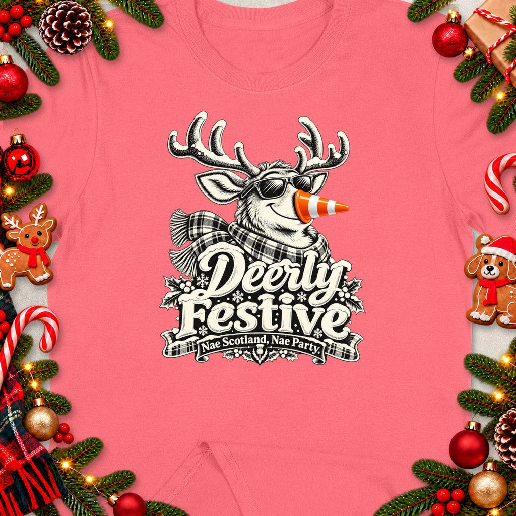 T-shirt with deer graphic and text "Deerly Festive Nae Scotland, Nae Party."