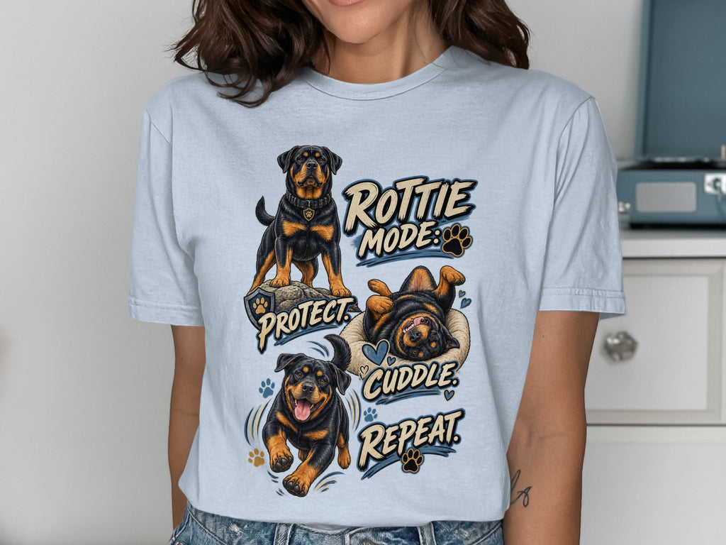 Three Rottweilers depicted with text: Rottie Mode, Protect, Cuddle, Repeat.