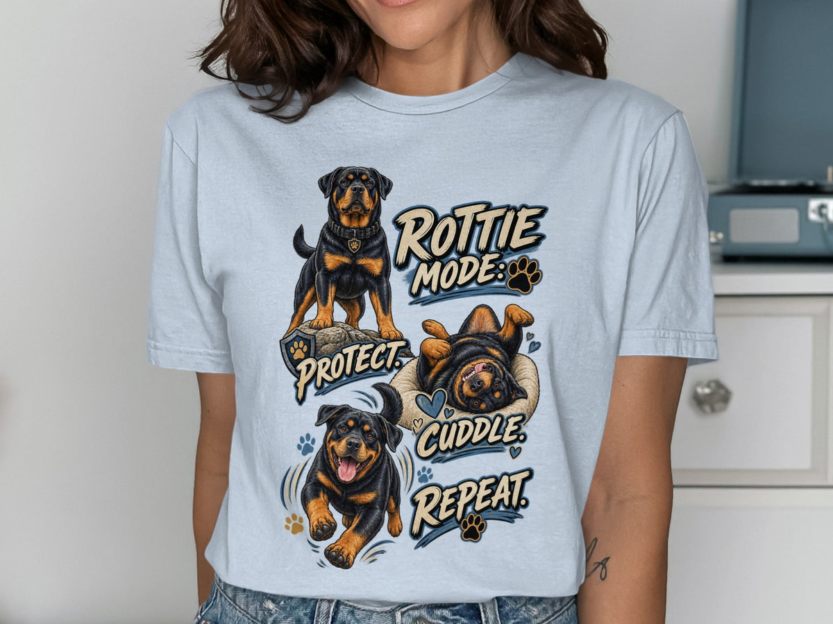 Three Rottweilers depicted with text: Rottie Mode, Protect, Cuddle, Repeat.