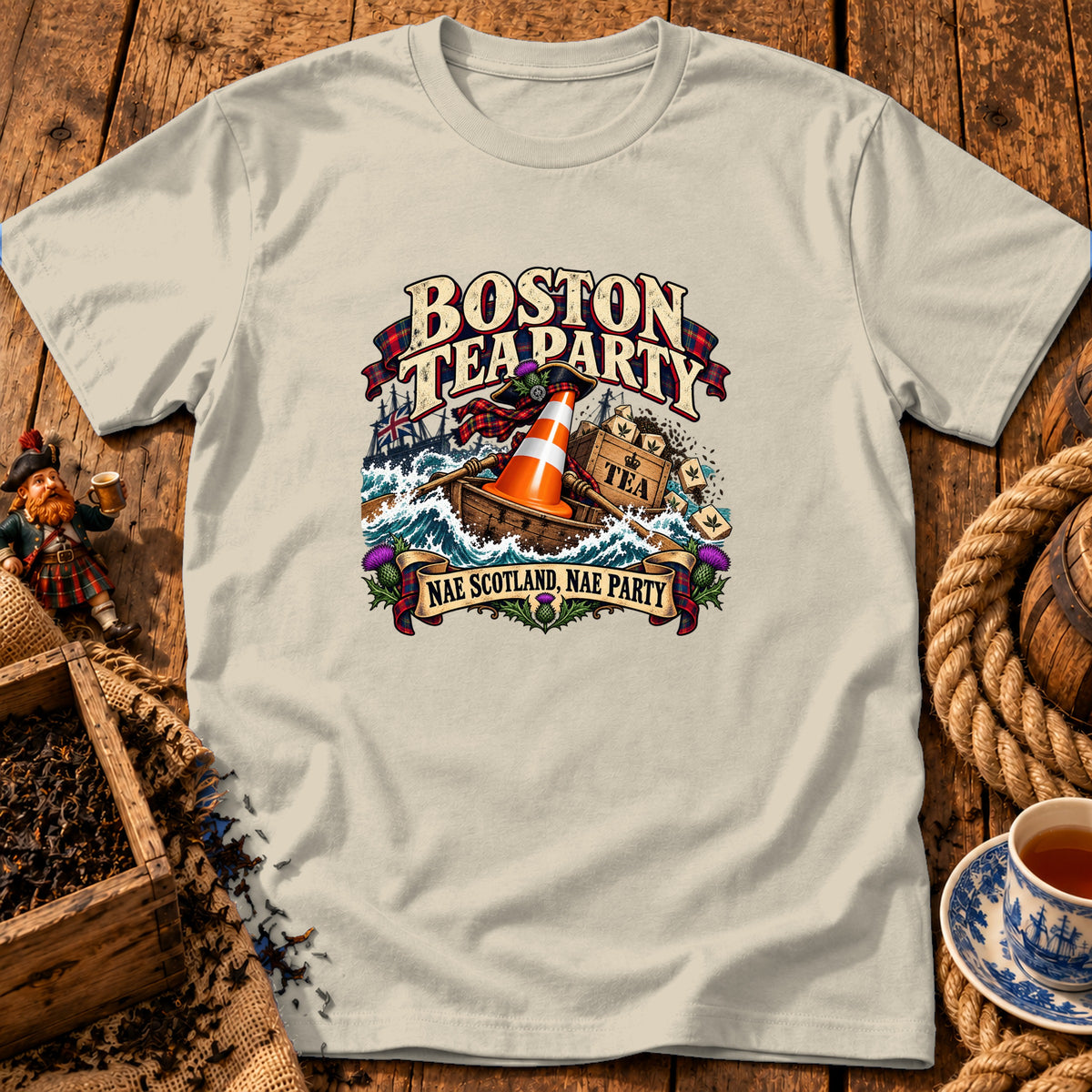 Beige t-shirt featuring a graphic with a traffic cone on a boat and text reading Boston Tea Party and Nae Scotland, Nae Party.