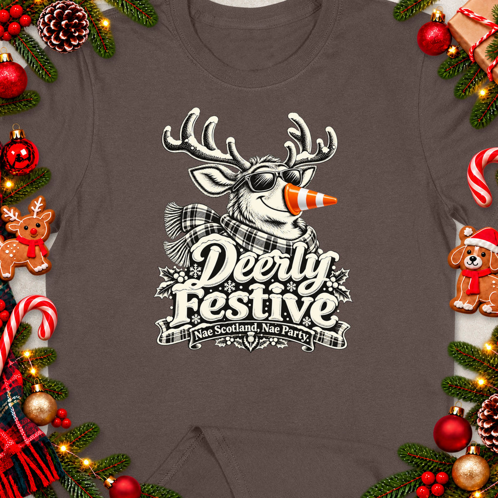 Reindeer graphic with "Deerly Festive" and "Nae Scotland, Nae Party" text.