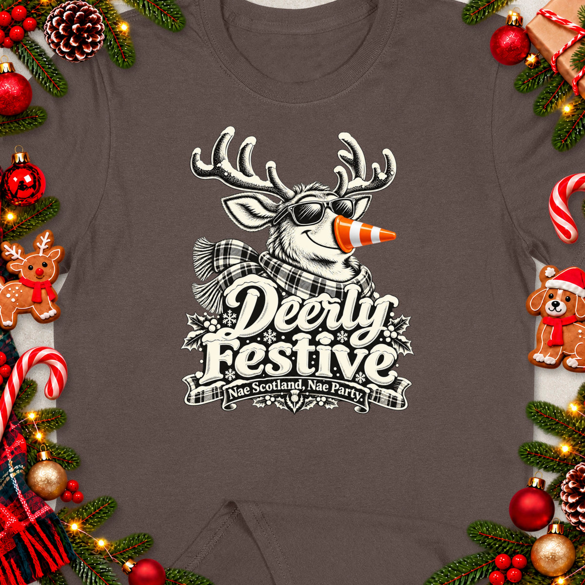 Reindeer graphic with "Deerly Festive" and "Nae Scotland, Nae Party" text.