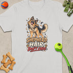 White t-shirt with German Shepherd graphic and text "Shepherd Hair Don't Care".