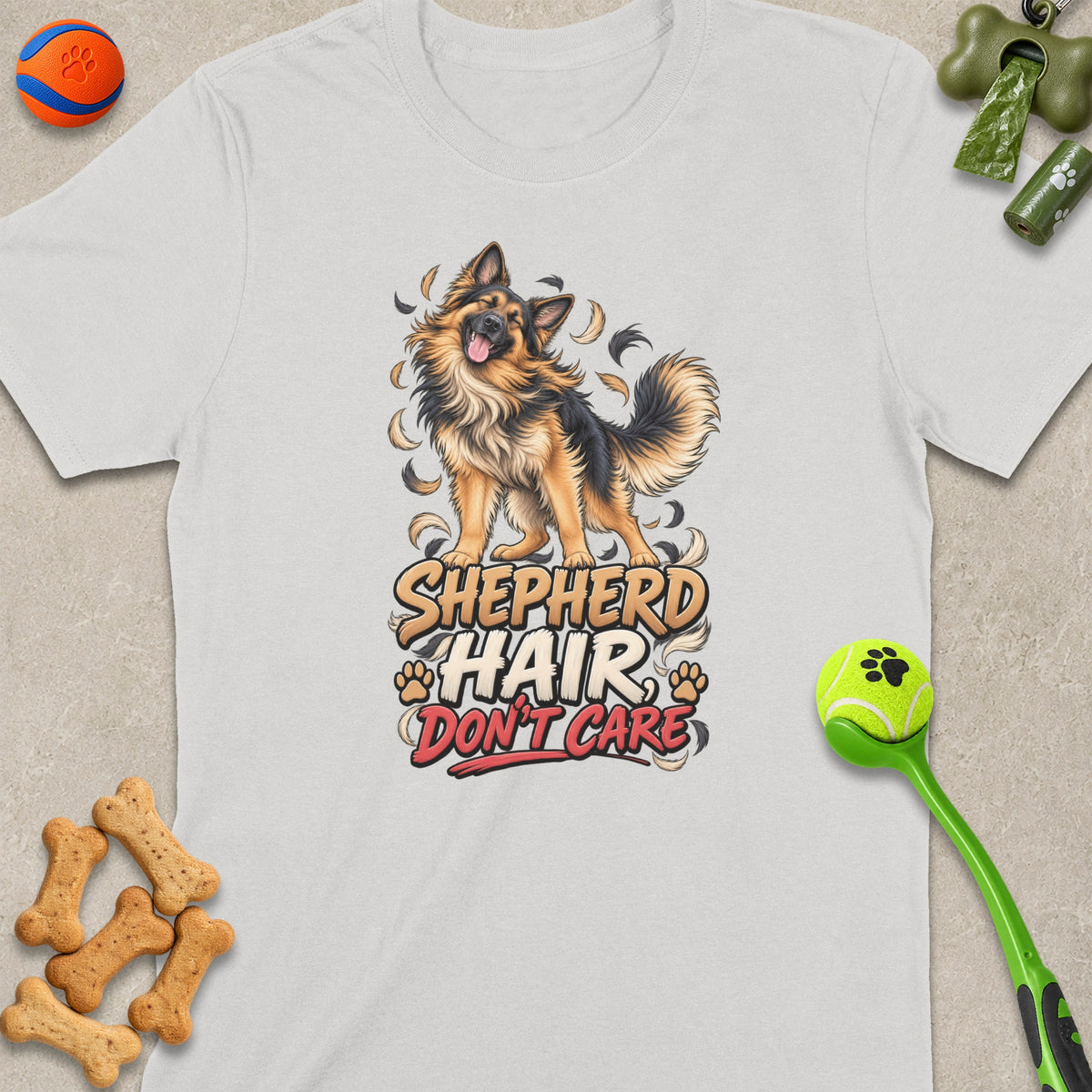 White t-shirt with German Shepherd graphic and text "Shepherd Hair Don't Care".