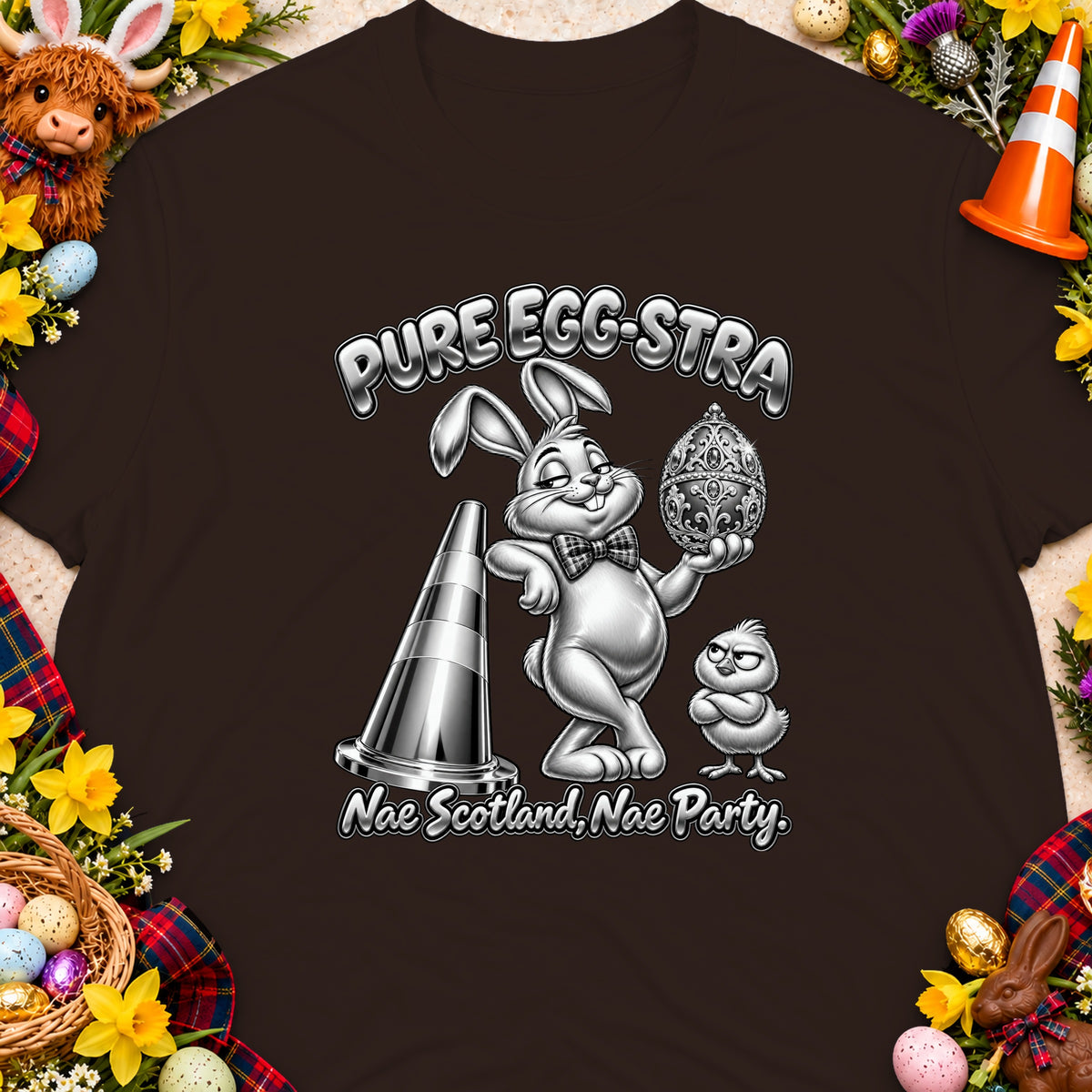 Easter bunny with ornate egg and chick, text "Pure Egg-stra Nae Scotland, Nae Party."