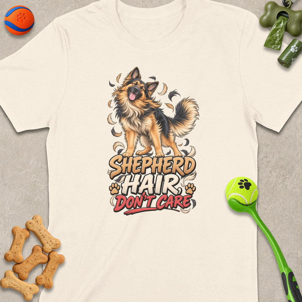 German Shepherd graphic with text "Shepherd Hair Don't Care" on a cream t-shirt.