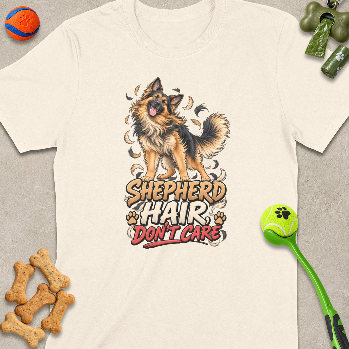 German Shepherd graphic with text "Shepherd Hair Don't Care" on a cream t-shirt.