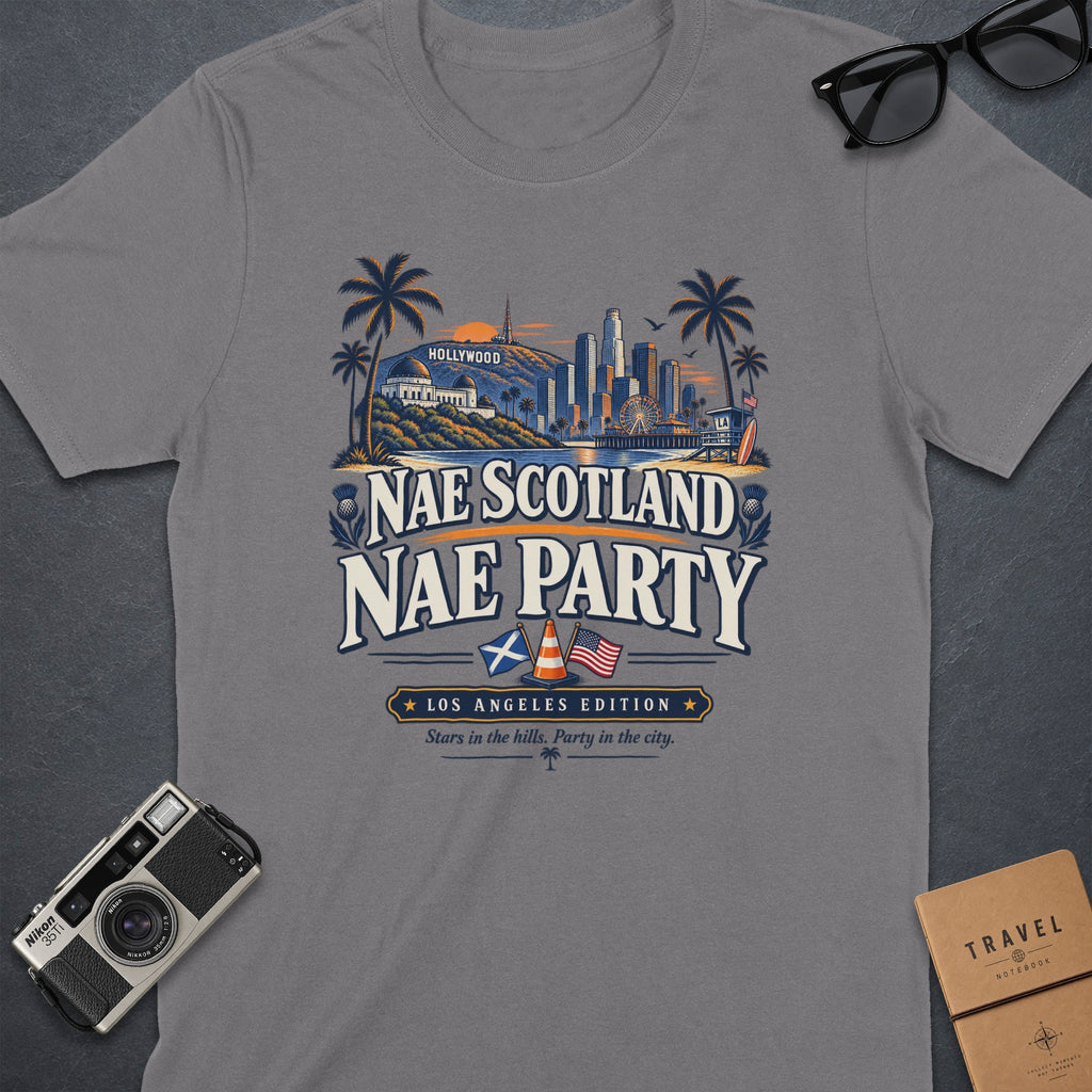 Gray t-shirt with "Nae Scotland Nae Party Los Angeles Edition" text and city graphic.