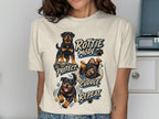 Cream t-shirt with Rottweiler graphics and text: "ROTTIE MODE PROTECT CUDDLE REPEAT".