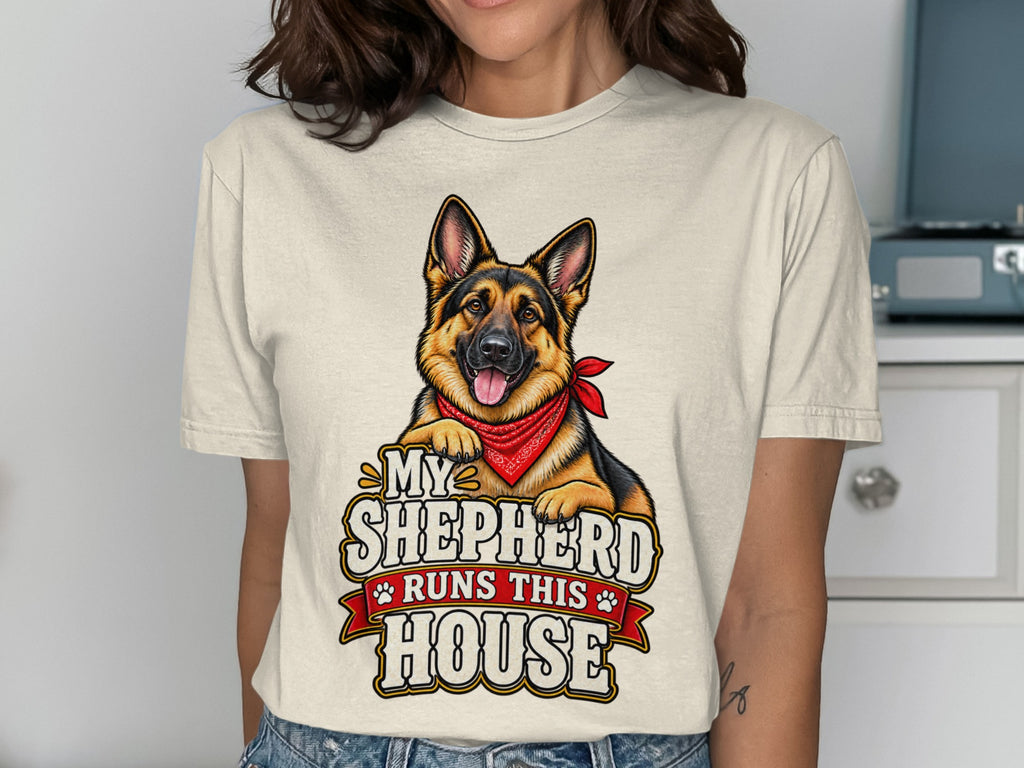 German Shepherd graphic on shirt with text "My Shepherd Runs This House".