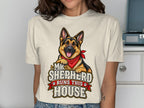 German Shepherd graphic on shirt with text "My Shepherd Runs This House".