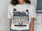 White t-shirt with a Los Angeles cityscape, Hollywood sign, and palm trees. Text reads "Nae Scotland Nae Party".