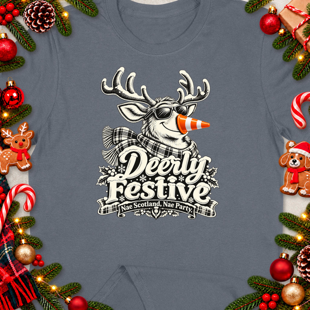 Deerly Festive graphic with reindeer, traffic cone nose, and text on grey t-shirt.