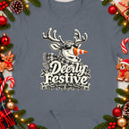 Deerly Festive graphic with reindeer, traffic cone nose, and text on grey t-shirt.