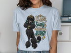 Black poodle wearing crown with text "CLASSY, SASSY & SLIGHTLY JUDGY."
