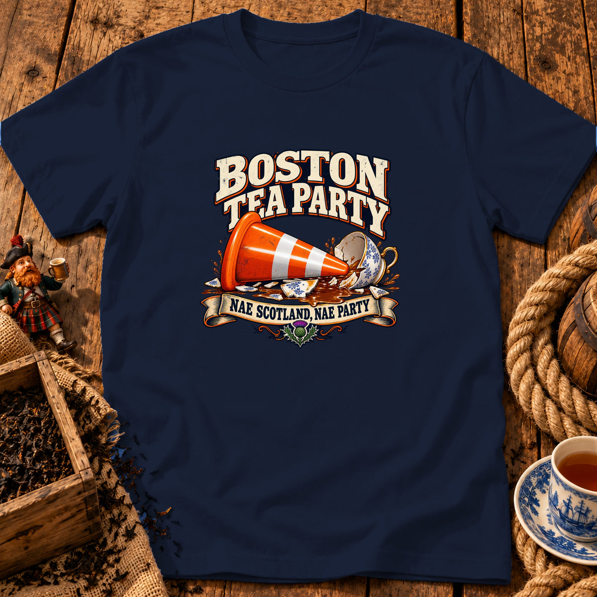 Navy blue t-shirt featuring a graphic with a traffic cone and shattered teacup, text reading Boston Tea Party and Nae Scotland, Nae Party.