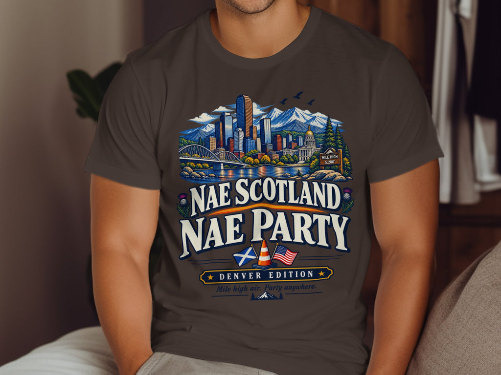 T-shirt with Denver skyline, mountains, Scottish and US flags, and text.