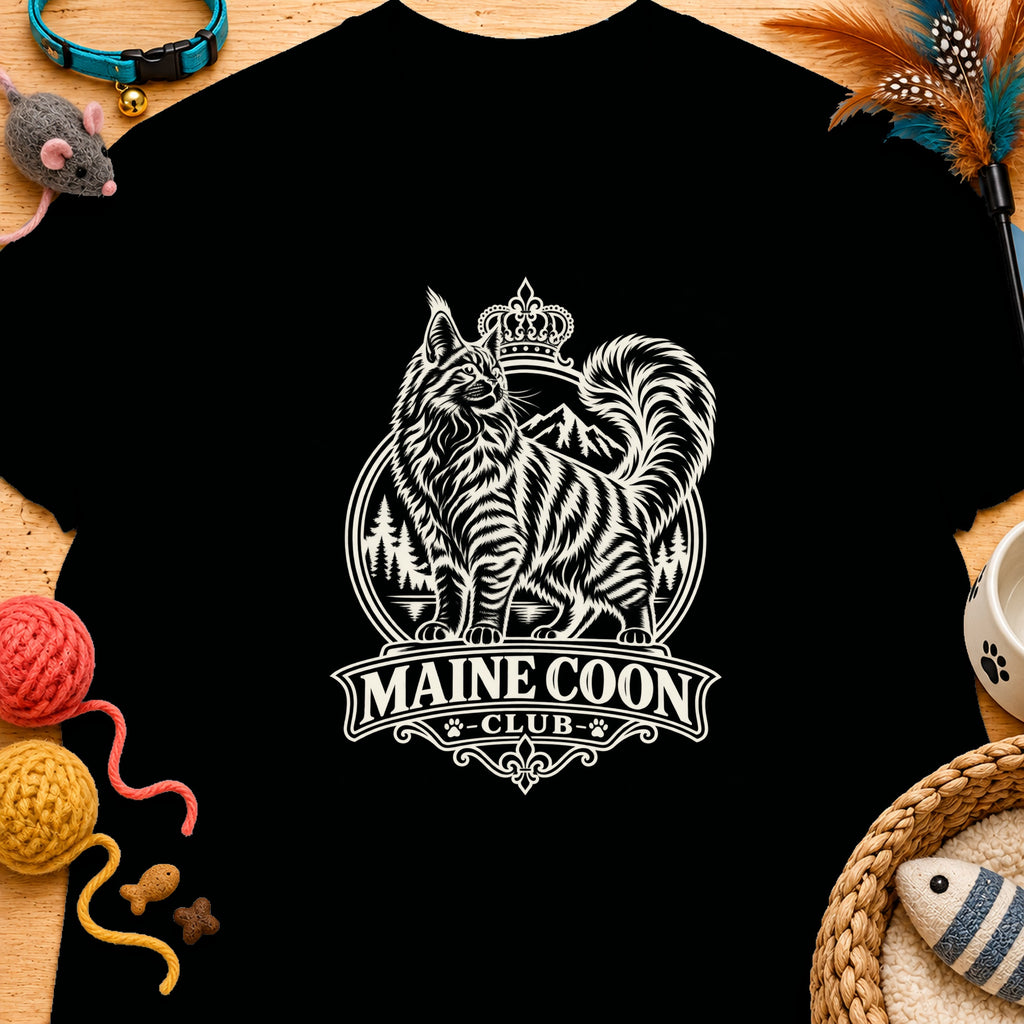 Maine Coon Club logo on a black t-shirt with surrounding cat toys.