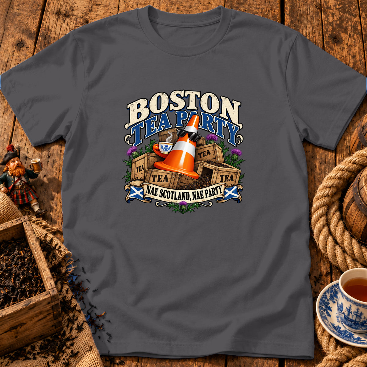 A dark gray t-shirt featuring a humorous graphic of a traffic cone drinking tea amidst crates labeled tea, with the text Boston Tea Party and Nae Scotland, Nae Party.