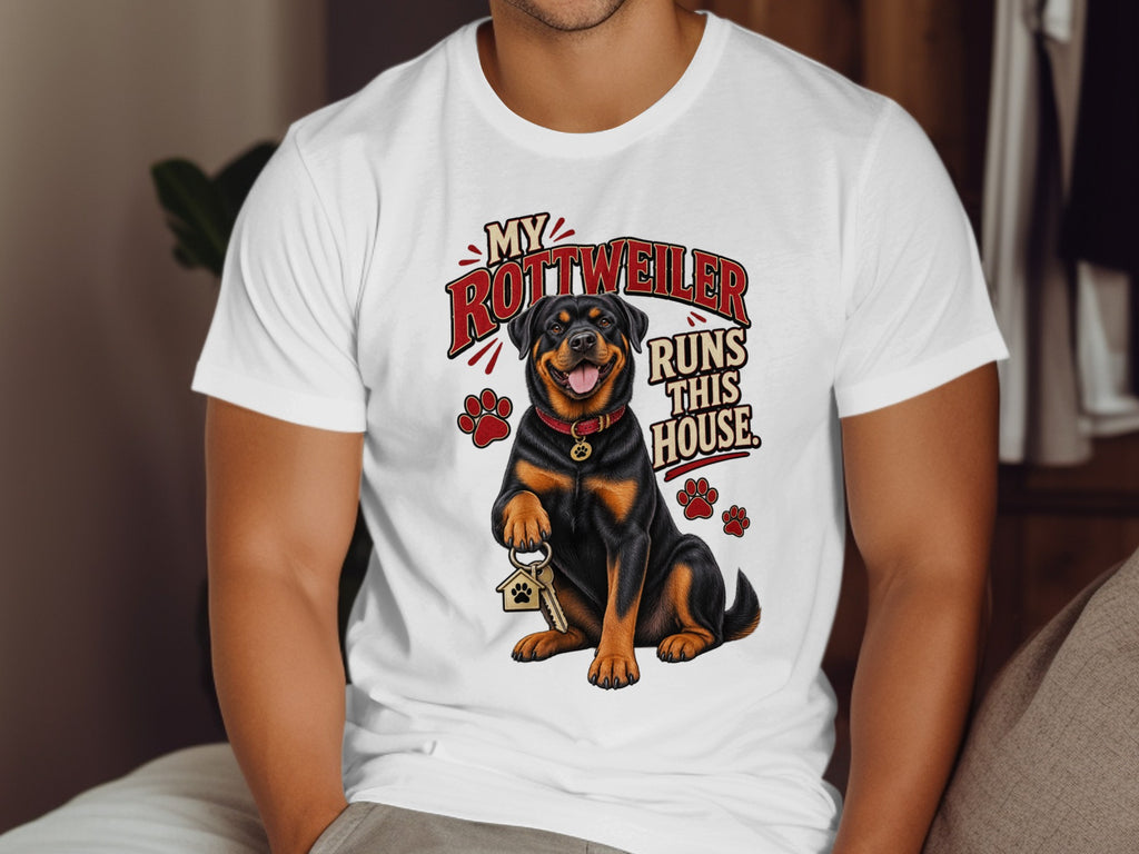 Rottweiler graphic on white t-shirt with text "My Rottweiler Runs This House".