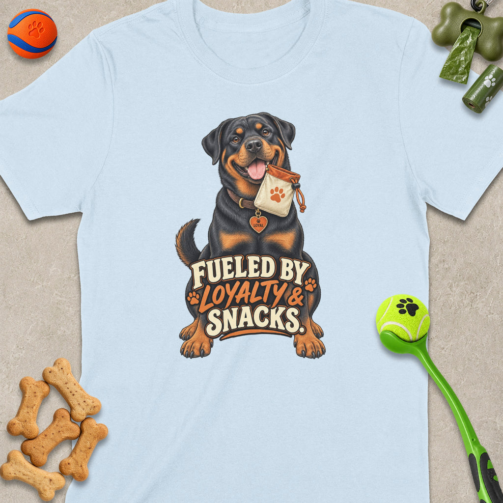 Light blue t-shirt with Rottweiler graphic that reads "Fueled by Loyalty & Snacks."