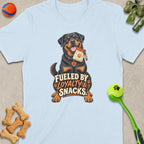 Light blue t-shirt with Rottweiler graphic that reads "Fueled by Loyalty & Snacks."