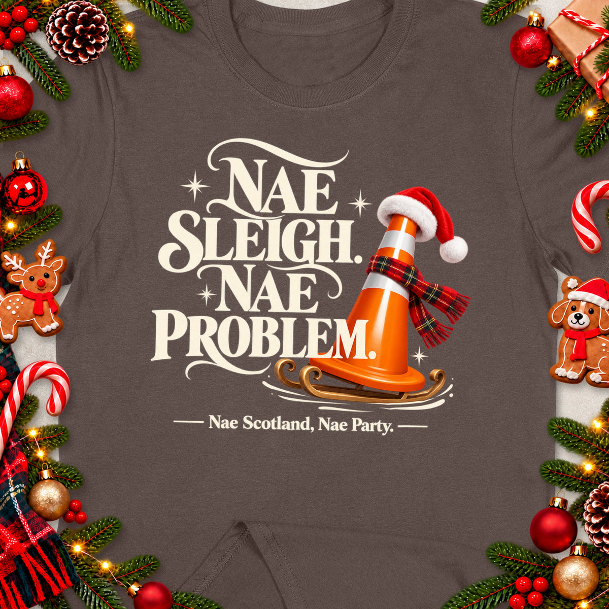 T-shirt with text "Nae Sleigh. Nae Problem. Nae Scotland, Nae Party."
