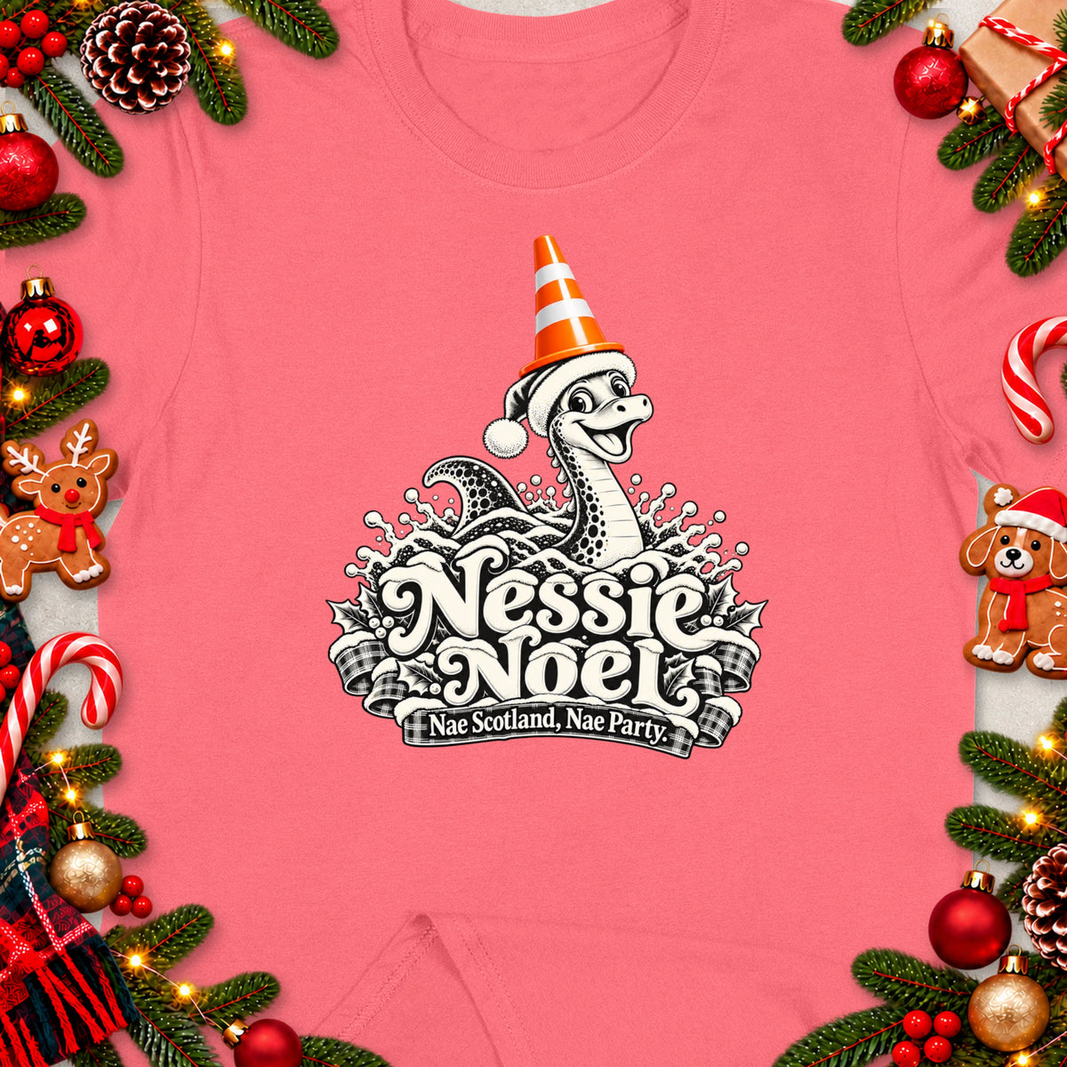 Nessie Noel graphic with holiday elements and text "Nae Scotland, Nae Party."