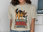 German Shepherd inspecting a doorbell with text "PROFESSIONAL DOORBELL INSPECTOR".