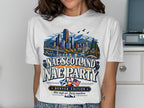 White t-shirt with "Nae Scotland Nae Party Denver Edition" and city skyline graphic.
