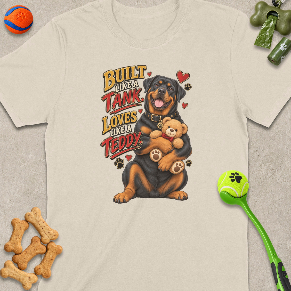 Rottweiler holding a teddy bear with text "Built like a tank loves like a teddy".