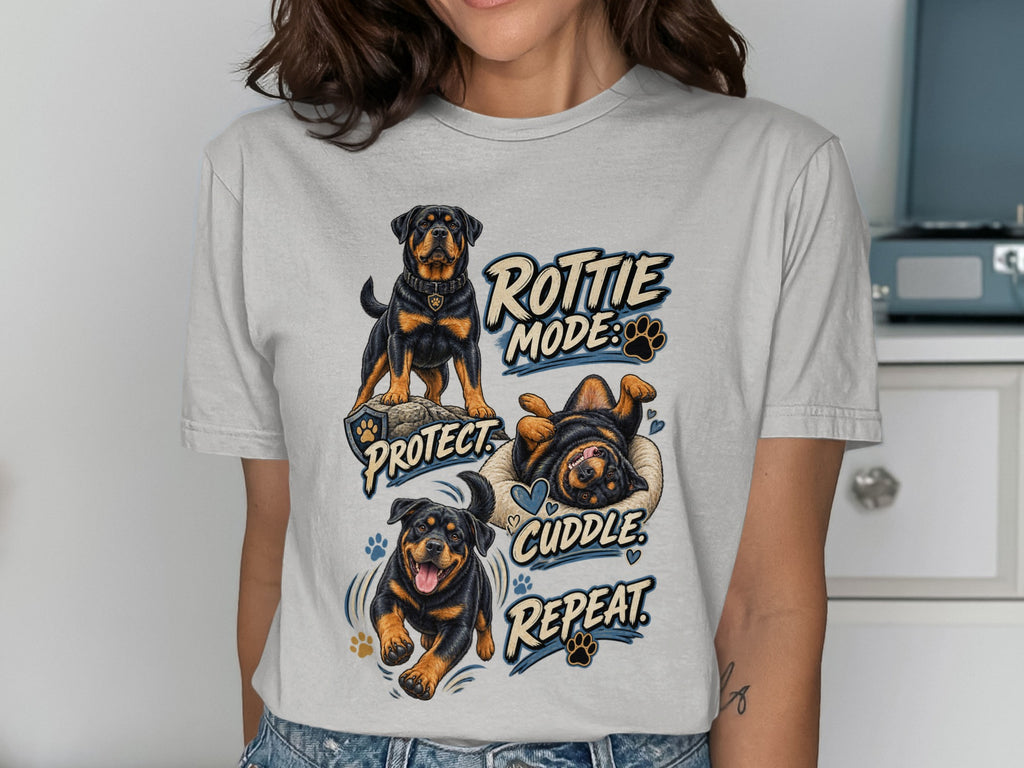 Rottweiler dogs in three poses with text: Rottie Mode, Protect, Cuddle, Repeat.