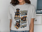 Rottweiler dogs in three poses with text: Rottie Mode, Protect, Cuddle, Repeat.