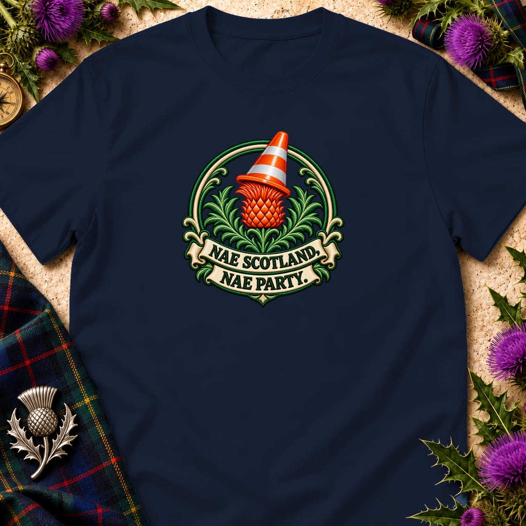 Navy blue t-shirt featuring a green and orange crest with a traffic cone and text reading NAE SCOTLAND, NAE PARTY.
