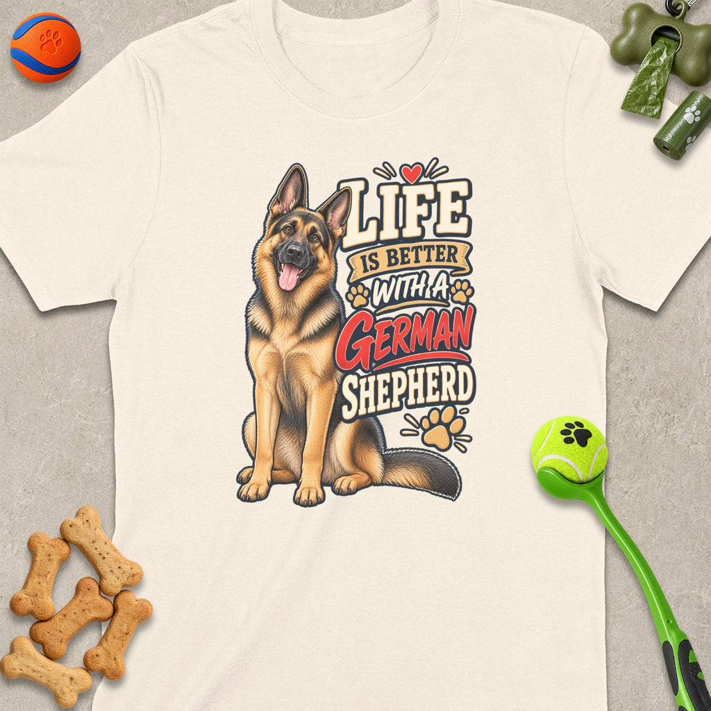 Cream t-shirt with German Shepherd graphic and text "Life is Better With A German Shepherd".