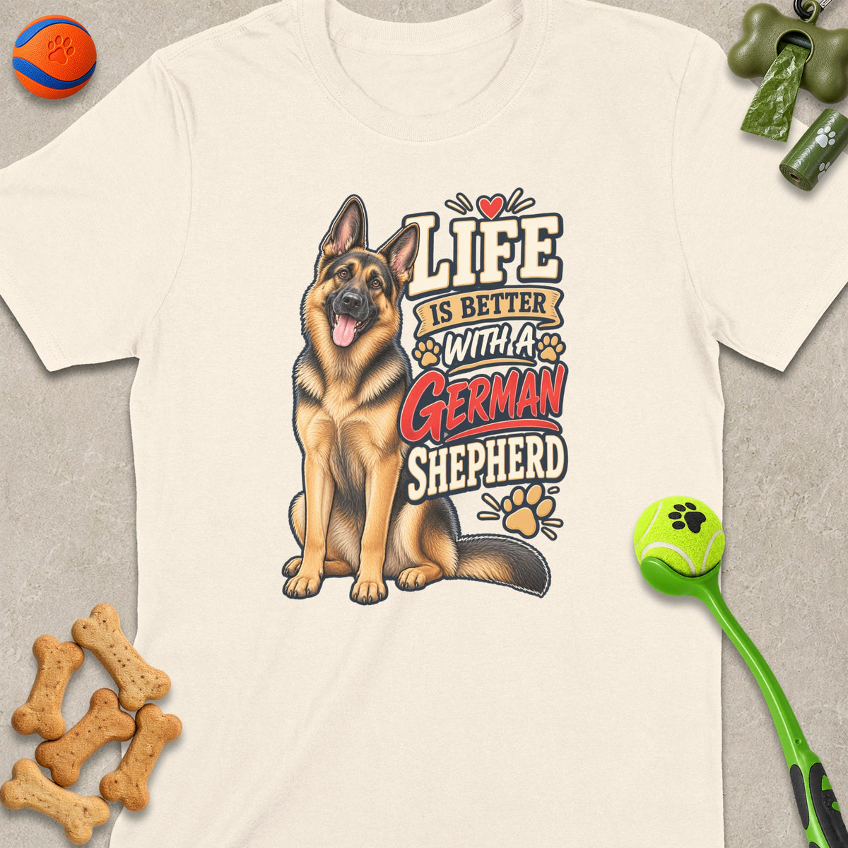 Cream t-shirt with German Shepherd graphic and text "Life is Better With A German Shepherd".