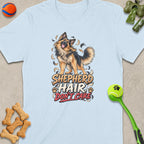 Light blue t-shirt with a German Shepherd graphic and text "Shepherd Hair Don't Care."