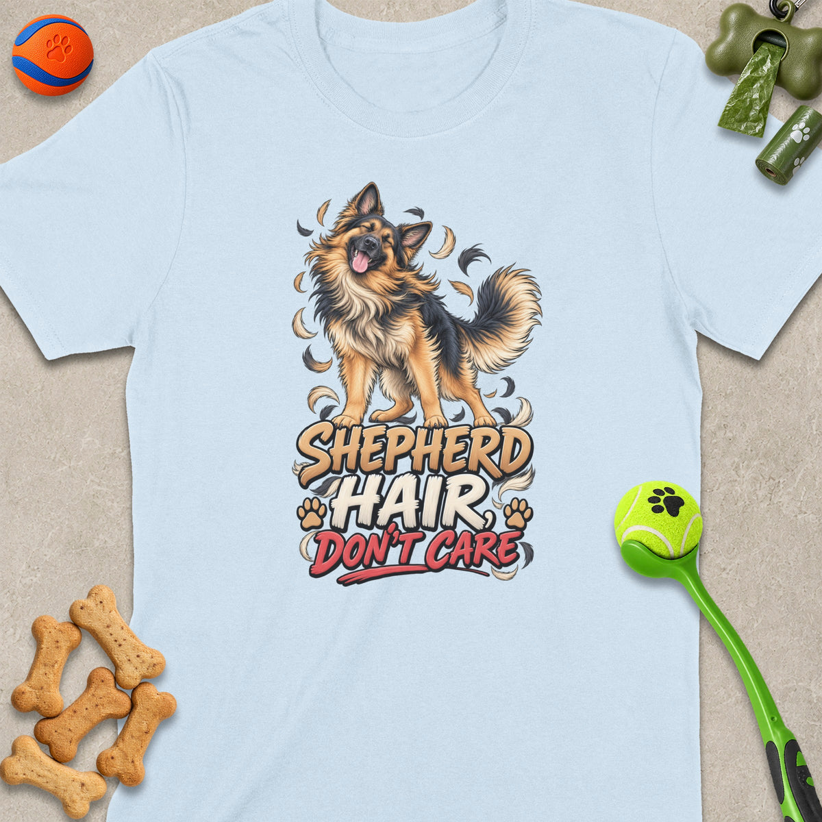 Light blue t-shirt with a German Shepherd graphic and text "Shepherd Hair Don't Care."